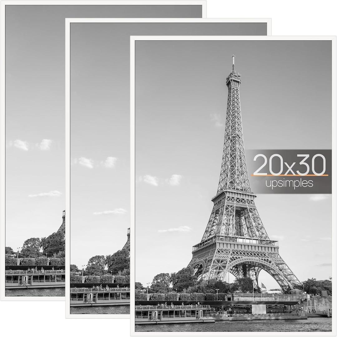 upsimples 20x30 Picture Frame White 3 Pack, Scratch-Proof Poster Frames 20 x 30 for Photo Gallery - Slide-In Strips, Horizontal or Vertical Wall Mounting