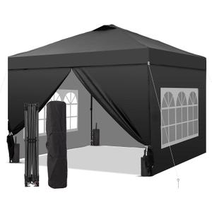 GDY 10x10 Pop Up Canopy Tent with 4 Sidewalls, Easy Set up with One Push Lift Outdoor Silver Coated Beach Gazebos, Carpas with 4 Sandbags, for Events, Parties,Camping, Black.