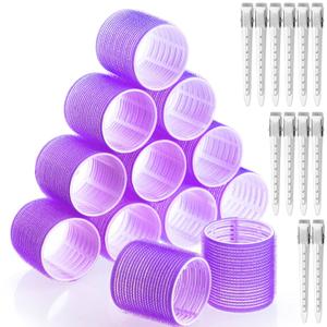 Jumbo Hair Curlers Rollers, 12Pcs Hair Roller Curlers Self Grip Holding Rollers with12 Stainless Steel Duckbill Clips for Long Hair Volume (Purple)