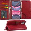 Arae Case for iPhone 11 PU Leather Wallet Case Cover [Stand Feature] with Wrist Strap and [4-Slots] ID&Credit Cards Pocket for iPhone 11 6.1 inch 2019 Released (Wine Red)