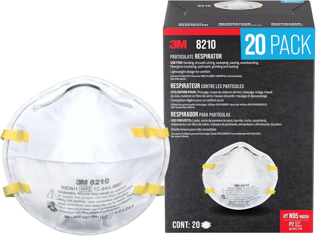 3M N95 Performance Respirator 8210, 20 Pack, Drywall Sanding, NIOSH-APPROVED N95, Advanced Filter Media For Easy Breathing, Cushioning Nose Foam, Adjustable Noseclip, Stretchable Straps (8210D20-DC)