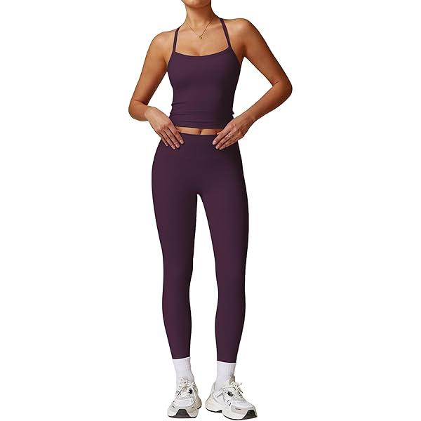  Womens Workout Sets 2 Piece Cross Back Tank Top Matching High Waist Leggings Sets Gym Outfits Work Out Clothes