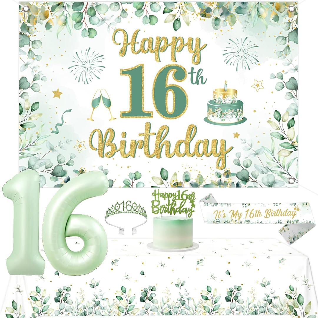 Sage Green 16th Birthday Decorations Greenery Happy Birthday Backdrop Green Leaves Olive Neutral Tablecloth Sash Crown Glitter Cake Topper 16 Foil Balloon Kit for Girls 16th Bday Party Supplies