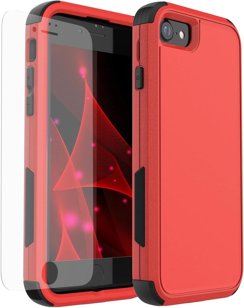 X-belmox Heavy Duty Phone Case for iPhone SE 2022 (3rd Gen) with Glass Screen Protector, 3 in 1 for iPhone SE 2020 Case [Shockproof] Rugged Protective [Drop Proof] iPhone 7/8 case 4.7" -Red/Black