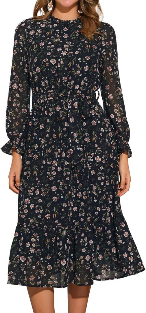 Allegra K Fall Casual Floral Dress for Women 2025 Long Sleeve Crew Neck Chiffon Midi Tea Party Ruffle Dresses (Large)