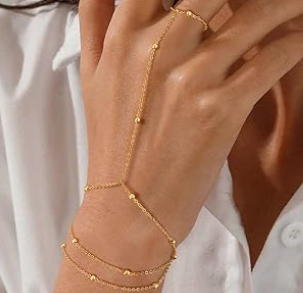 Gold Bracelets for Women, 14K Gold Plated/Silver Hand Chain Bracelet for Women Trendy Finger Ring Bracelet Hand Chain Dainty Adjustable Hand Chain Jewelry Gifts for Women