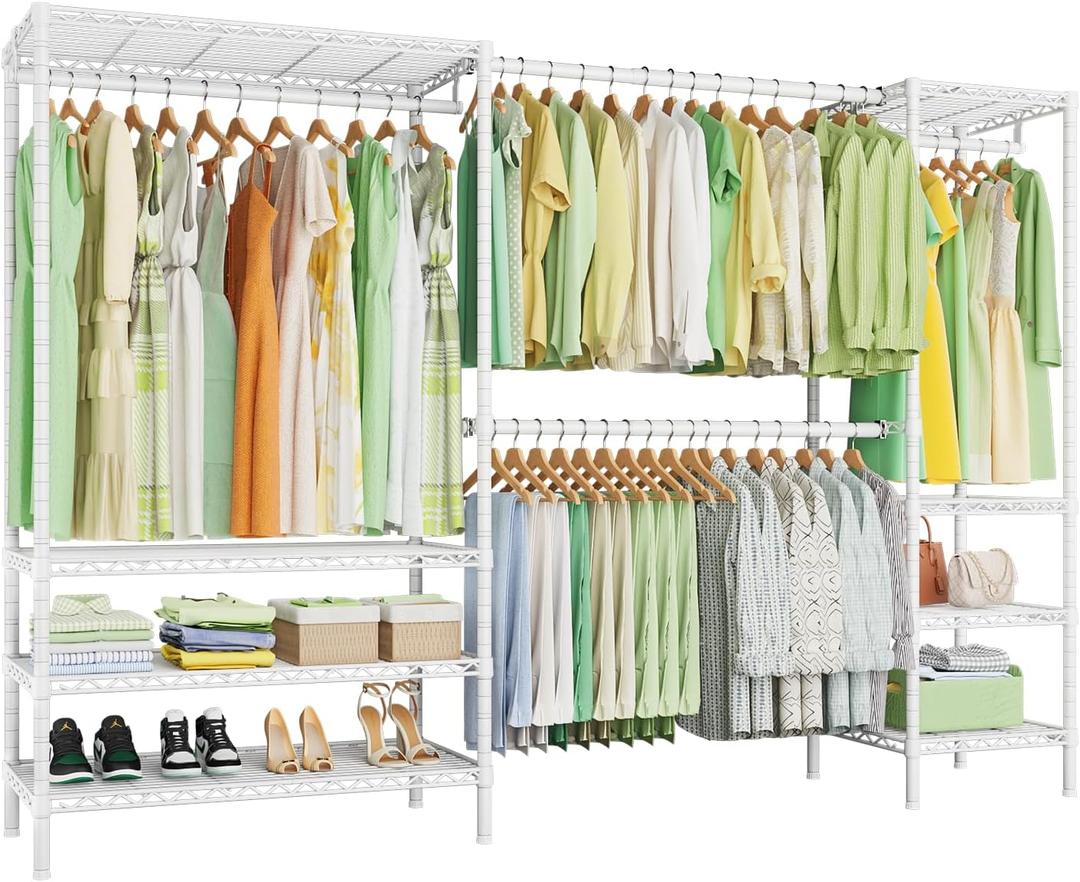 Ulif E11 Heavy-Duty Garment Rack, Metal Freestanding Clothes Rack and Closet Storage Organizer with 8 Shelves and 4 Hanger Rods, (73.2-97.6)" W x 14.5" D x 71.2" H, Load 1034 LBS, White