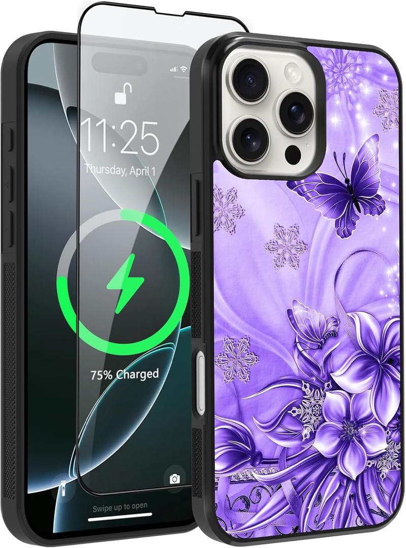 OOK Magnetic for iPhone 16 Pro Case Light Purple Butterfly with Flower Nebula Space Design [Compatible with MagSafe] Hard PC+Soft TPU Bumper Anti-Slip Ultra Thin Case, Light Purple