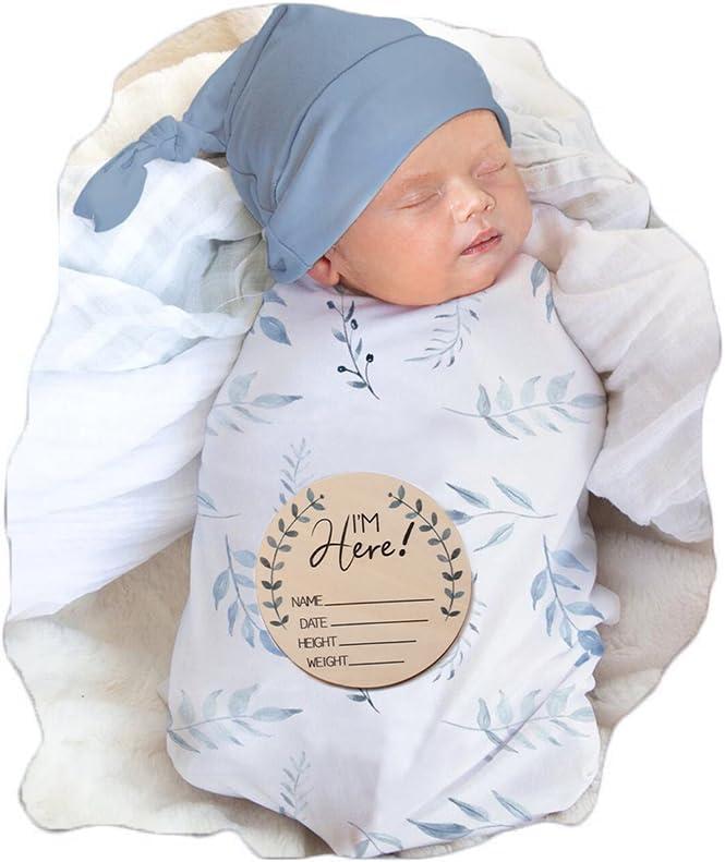 Ylsteed Baby Swaddle Blanket and Headband Set, Newborn Receiving Blanket Swaddle Wrap for Girls and Boys, Swaddling Blankets Neutral for Newborn Soft and Skin-Friendly 32 * 32 inches (Blue Leaves)