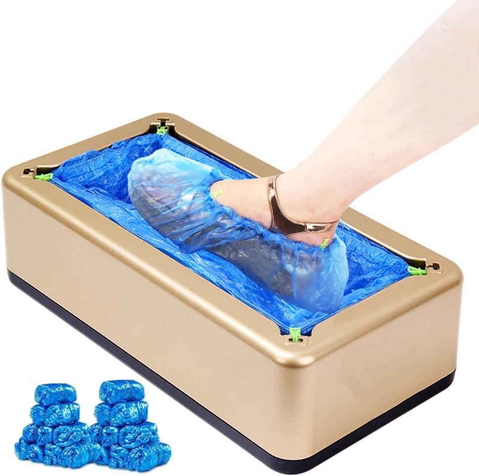 Automatic Shoe Cover Machine with 200 Disposable Shoe Covers Auto Shoe Covers Dispenser for indoors Use Disposable Non-slip Waterproof Shoe Covers for Home, Offices, Factories (Gold)