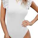 Missufe Women's Round Neck Ruffle Flutter Sleeve Slim Fit Ribbed Knit Casual Summer Bodysuit Tops L