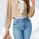 Saodimallsu Womens Cropped Cable Knit Cardigan Sweaters Long Sleeve Bow Tie Front Crew Neck Chunky Sweater Tops (Beige, XL)