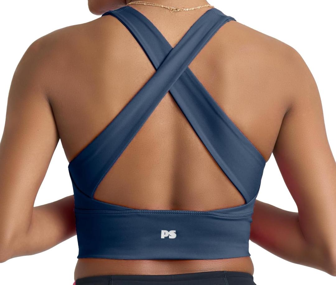POPSUGAR Long Line Sports Bra Women, Workout Crop Tops for Women Longline Criss Cross Gym Yoga Tops with Built in Bra (Large, Blue Storm)