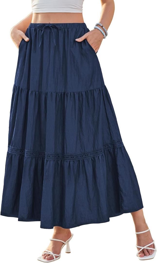 DJT Women's Boho Elegant Lace Trim Swing Tiered Maxi Skirt High Waisted Tie A Line Flowy Long Skirts with Pockets (Blue, L)