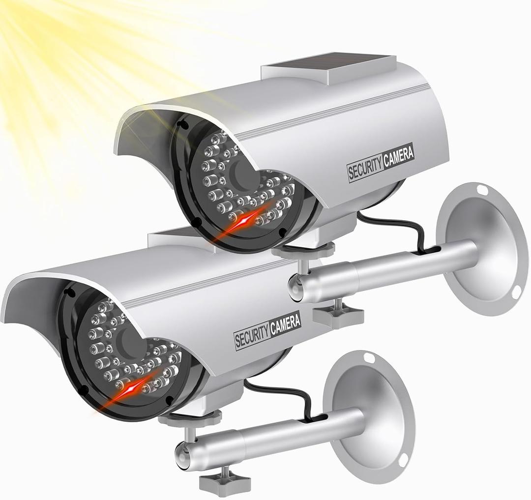 WALI Solar Powered Fake Simulated Camera, Dummy Security Camera Indoor Outdoor with 1 LED Light, Security Alert Sticker Decal (SOLTC-S2), 2 Packs, Silver