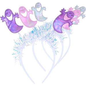 3 Pack Halloween Ghost Headband, Sparkly Bopper Ghost Hair Accessories w/Silver Tinsel | Fun Animated Look | Lightweight & Comfortable | One Size Fits Most Teens & Adults - Pink, Purple & White