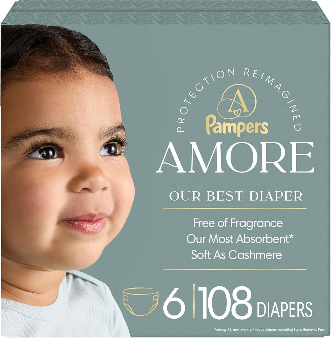 Pampers Amore, Size 6 (23-44 lbs), 108 Count, Our Best Diaper – Hypoallergenic & Fragrance Free, Up to 100% Leakproof, Soft as Cashmere