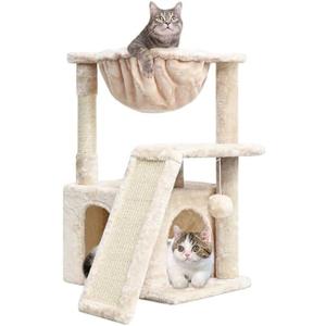 SYANDLVY Cat Tree for Indoor Cats Large Adults, Modern Activity Tower with Scratching Posts & Board, Condo with Plush Perch, Climbing Stand with Cradle & Hanging Ball for Play, Beige