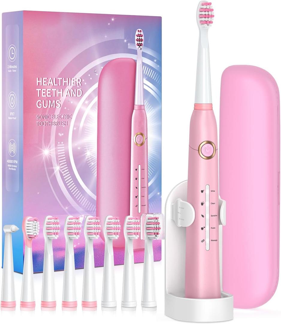 Sonic Electric Toothbrush for Adults, Power Electric Toothbrush with 8 Brush Heads, Travel Case, 40000 VPM Deep Clean 5 Modes, Rechargeable Toothbrushes Fast Charge 4 Hours Last 30 Days, Pink