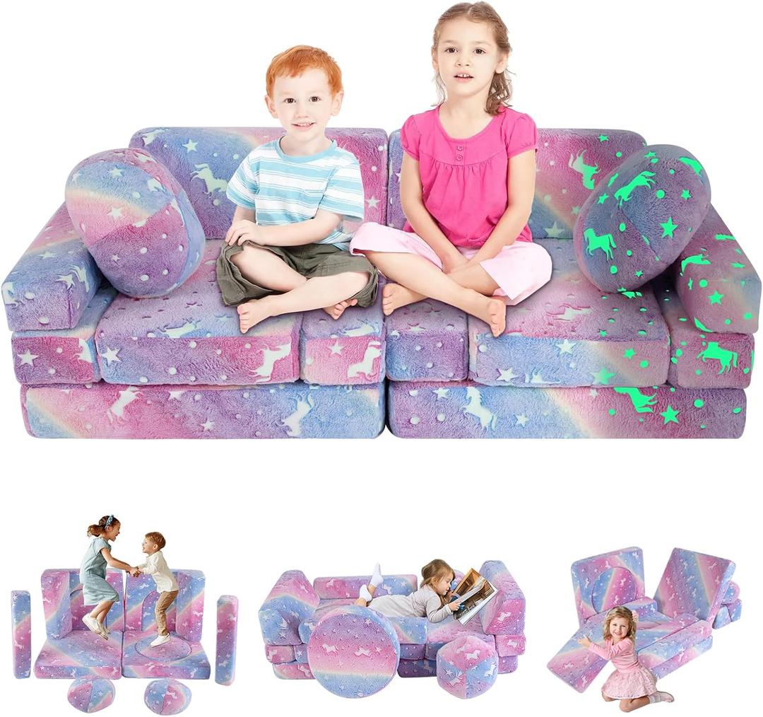 whiffee 13 PCS Kids Play Couch, Modular Glowing Kids Toddler Couches, Kid Play Couch Sofa for Playroom and Bedroom (Rainbow)