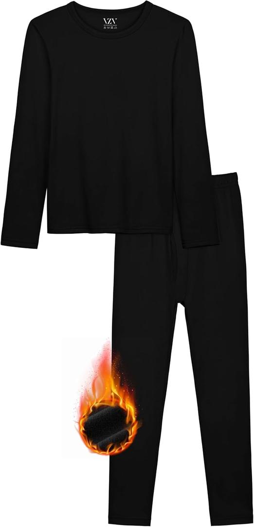 VZV Kids Thermal Underwear Set, Boys Underwear Thermals Set, Fleece Lined Base Layers Top Bottom for Skiing Cold Weather (Large, Black)