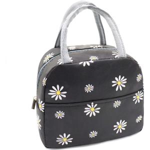 Sonuimy Insulated Lunch Bag Women, Reusable Cute Tote Lunch Box for Adult & Men, Leakproof Cooler Lunch Bags for Work Office Travel Picnic (Black with White Daisy)