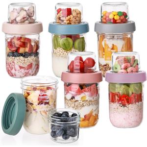 Wells 6 Pack Overnight Oats Containers with Lids, 16 OZ Dual Layer Yogurt Containers with Dry and Wet Separation, Airtight Leak Proof Oatmeal Jar for Chia Pudding, Breakfast, Cereal