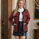 Bebonnie Women's Diamond Quilted Jacket Crew Neck Lightweight Long Sleeve Button Down Winter Coats with Pockets (Red, XL)