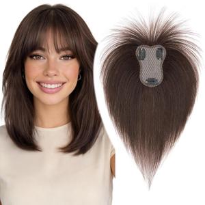 MY-LADY Human Hair Toppers for Women Real Human Hair with Air Bangs Hand-Tied Thin 8 * 11CM Lace Base Light Weight Clip in Remy Hairpieces 10 Inch Dark Brown