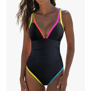 popvil Women's One Piece 2025 Tummy Control Swimsuits Neon Color Block Swimwear Deep V Neck Slimming Bathing Suit, Size M