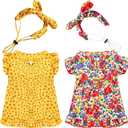 Frienda 2 Pcs Dog Dress Princess Floral Summer Puppy Dress with Bows Headband for Dog Cat Birthday Party Holiday Hawaiian Mermaid, Red and Yellow(L)