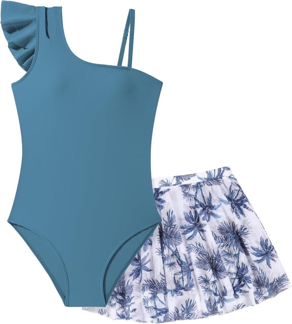 Girls Swimsuit One Piece Swimwear Top with Tropical Print Cover Up Skirt Girls Bathing Suit 7-16 Years (13-14 Years, Deep Blue)