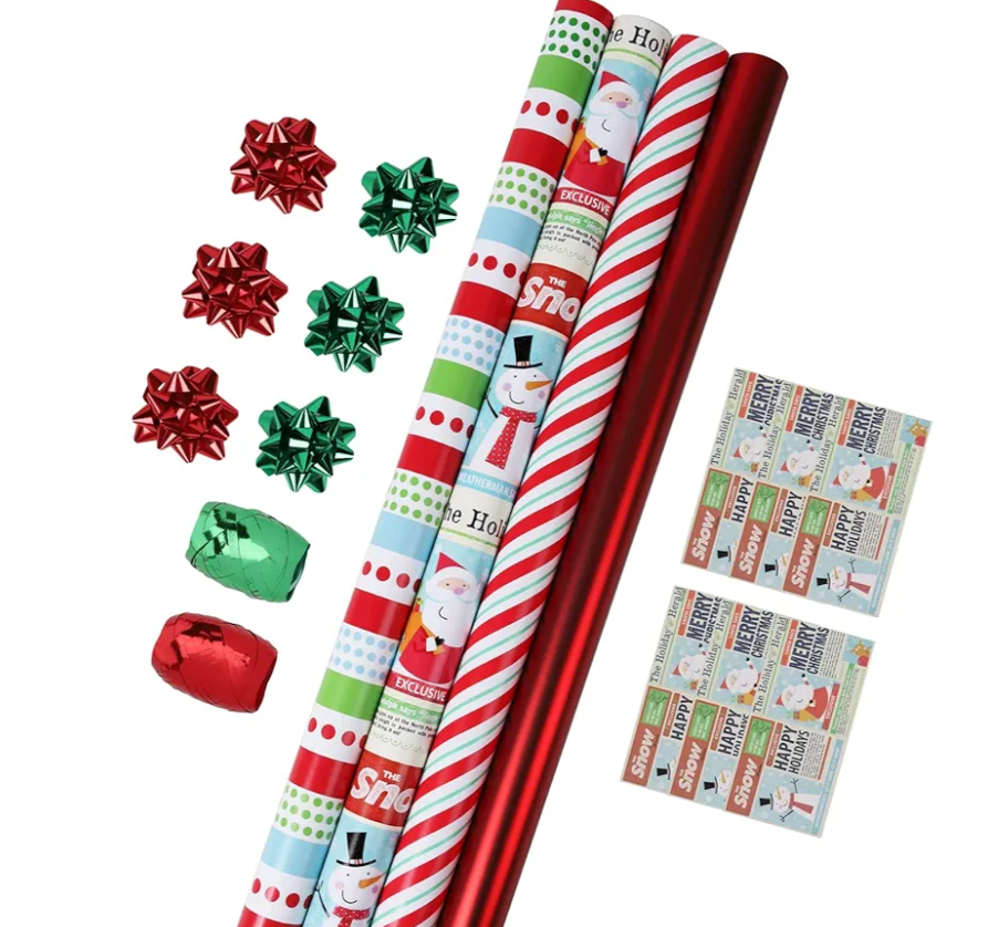 LaRibbons Christmas Wrapping Paper Roll with Cutlines, Polka Dot & Stripe Design with Gift Bow & Ribbons & Tags, Perfect for Christmas, Holiday Party, 30 Inch X 10 Feet (4Rolls, 100 sq.ft.ttl.)