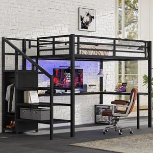 Bellemave Queen Loft Bed with Desk & Wardrobe, Heavy Duty Metal Loft Beds Frame with Storage Stairs, LED Loft Bed Queen Size with Charging Station & Safety Guardrails, No Box Spring Needed, Black