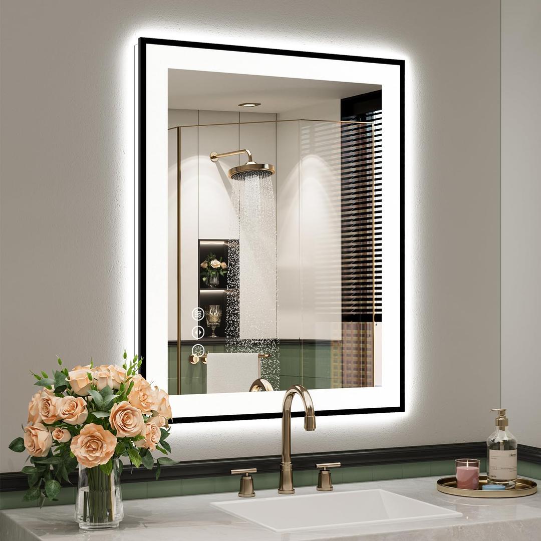 24x30 Inch LED Bathroom Mirror with Lights (Front Lit and Backlit) Black Framed Lighted Vanity Mirror for Bathroom Wall Dimmable Anti-Fog Memory Tempered Glass Horizontal/Vertical 24x30 Inch LED Bathroom Mirror with Lights (Front Lit and Backlit) Black Framed Lighted Vanity Mirror for Bathroom Wall Dimmable Anti-Fog Memory Tempered Glass Horizontal/Vertical