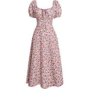 Women Summer Dresses Vintage Square Neck Adjustable Bust Floral Dress Short Puff A-Line Midi Dresses Sleeve (M)