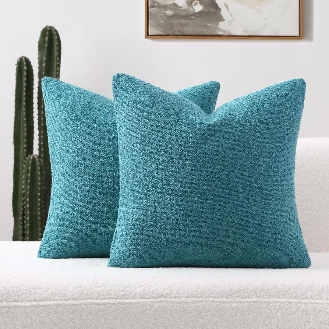 FUTEI Pack of 2 Teal Blue Decorative Throw Pillow Covers 24x24 Inch Soft Cozy Solid Boucle Textured European Cushion Case,Modern Home Decor for Couch Bed Living Room
