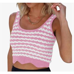 Saodimallsu Womens Striped Crop Tank Top Scoop Neck Going Out Summer Sexy Y2k Sleeveless Crochet Cotton Knit Slim Shirts Pink L
