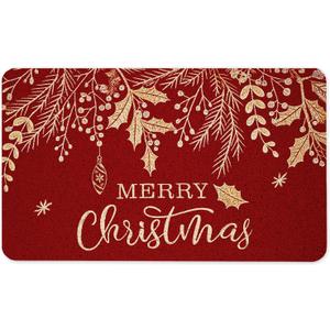 Merry Christmas Door Mat, Red and Gold Leaf Christmas Doormat for Front Door Indoor Outdoor Entrance Porch, Xmas Winter Welcome Mat Outside, Xmas Holiday Bath Mats, 17x30 Inches