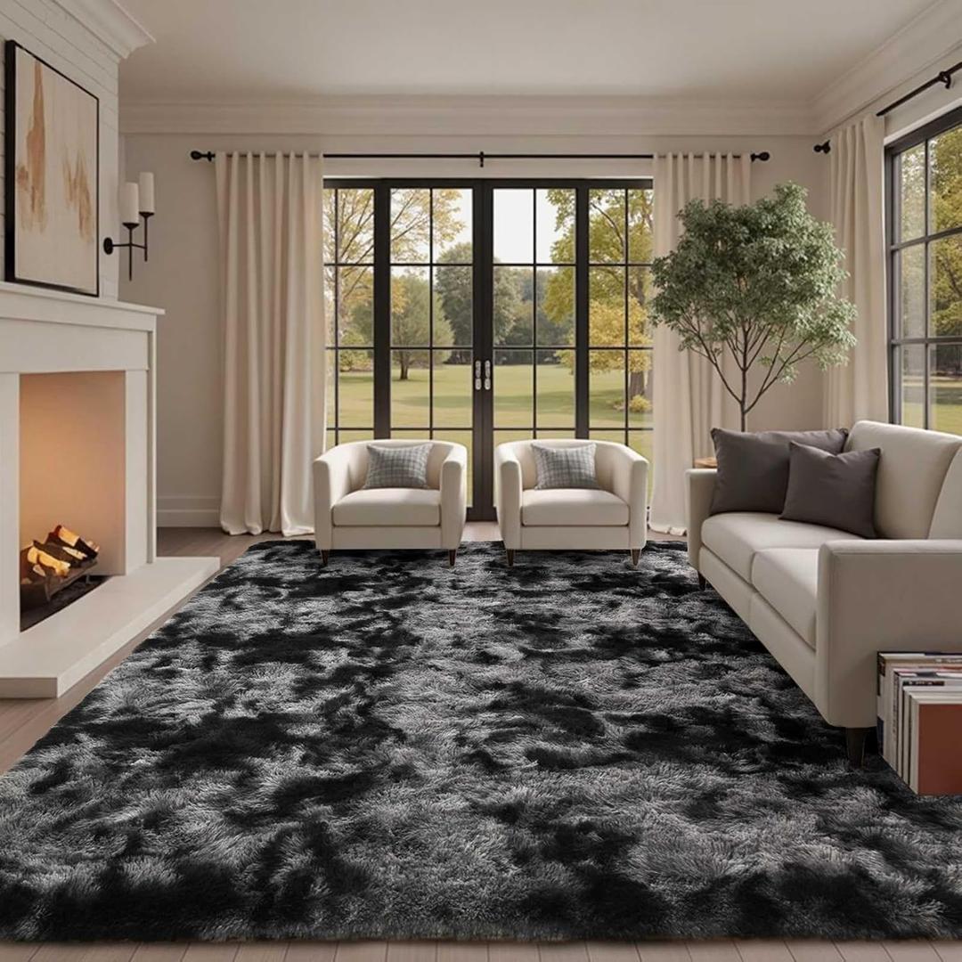 8x10 Ft Extra Large Shag Rugs for Living Room, Tie Dyed Ultra Soft Fluffy Furry Area Rugs for Bedroom Indoor Floor, Aesthetic Carpet for Kids Home Decor (Dark Grey)