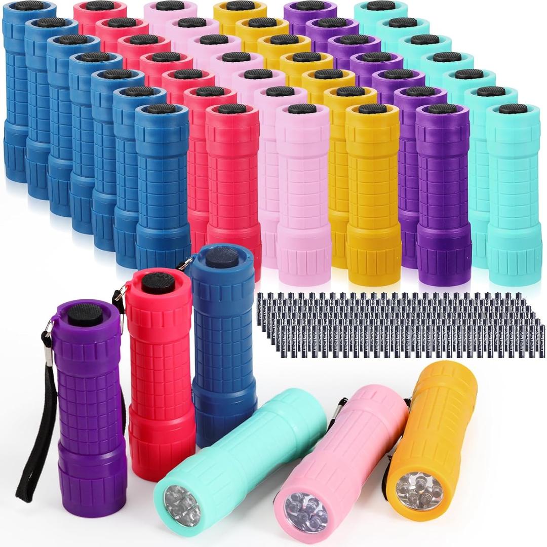 48 Pcs Mini Small Flashlights Bulk with 144 AAA Batteries and Lanyard Mini Assorted Color Handheld 9 LED Flashlights for Night Reading Kids Camping Class Teaching Party Emergency Hunting