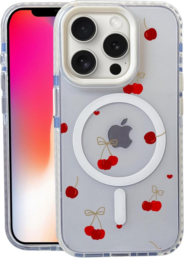 Cherry for iPhone 15 Pro Max Case,MagSafe Compatible,Matte Soft Slim Shockproof Cover,Anti-Fingerprint,Anti-Yellowing,Anti-Scratch Back,Magnetic Phone Case for Women,Girl,Cute,Girly,Clear