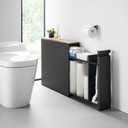 YAMAZAKI Home Pull-Out Bathroom Storage Cabinet Slim Bathroom Storage Cabinet with Wood Top, Steel Organizer for Toilet Paper and Cleaning Supplies, Modern Space-Saving Design, Black - Steel + Wood