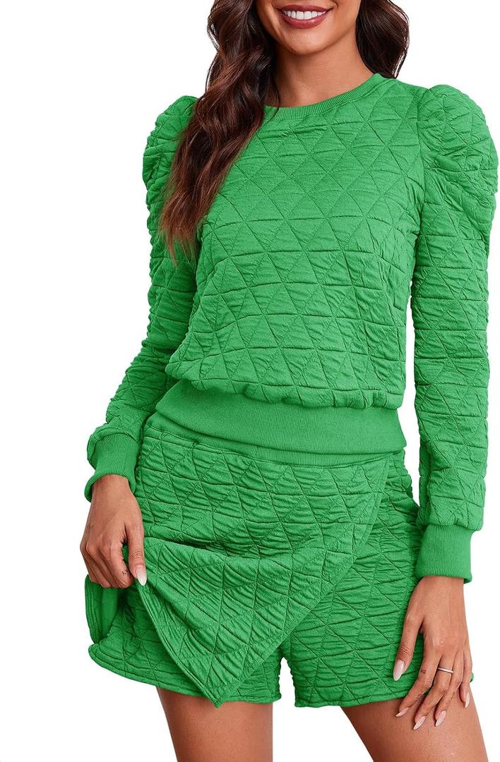 Fisoew Women's 2 Piece Lounge Wear Set Long Sleeve Argyle Sweatshirts and Wrap Skorts Casual Sets (Green, S)