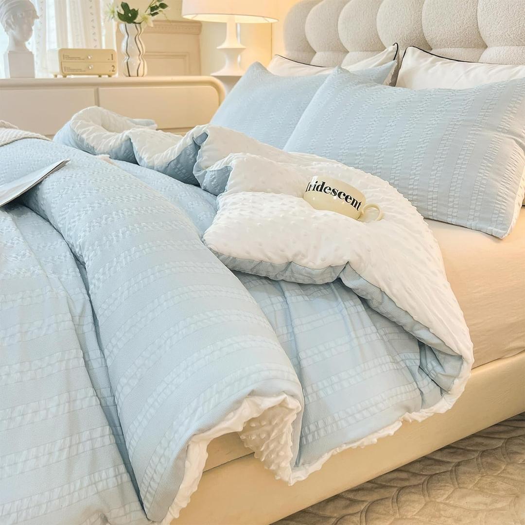 tohrisa Boho Comforter Set Queen Size Striped Pleats Bohemian Seersucker Bedding Set All Season Soft Cozy 3 Pieces Quilt with 2 Pillowcases(90"X90" Light Blue)