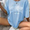 SOLY HUX Women's Graphic Tees Letter Print Half Sleeve Drop Shoulder Oversized T Shirt Loose Casual Tops (Blue, L)