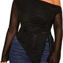 RoseSeek Women's Plus Size Sheer Mesh Off Shoulder Tops Long Sleeve Drawstring Asymmetrical Hem Ruched T Shirt (3X-Large Plus, Black)