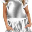 Tankaneo Womens Summer 2 Piece Sets Striped Short Sleeve T Shirts and Shorts Loungewear Matching Set (White, S)