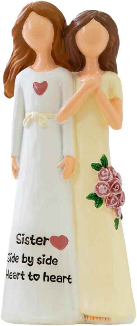 Resin Sister Figurine Statue, 6" Hand-Painted Friendship Sculpture for Best Friends, Sisters, Women  Unique Gift for Birthday, Christmas, Elegant Home Decor Keepsake with Best Wishes Card (White and Yellow)