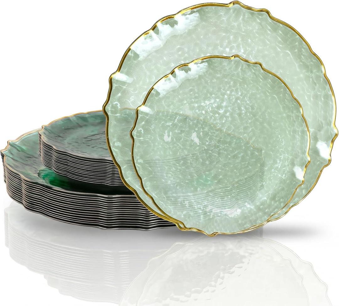 bUCLA 40PCS Sage Green Plastic Plates Disposable - Fancy Clear Hammered with Gold Lace-Edge - Include 20 Each (10inch Dinner & 7inch Dessert) Plates for Party, Birthday & Daily Use